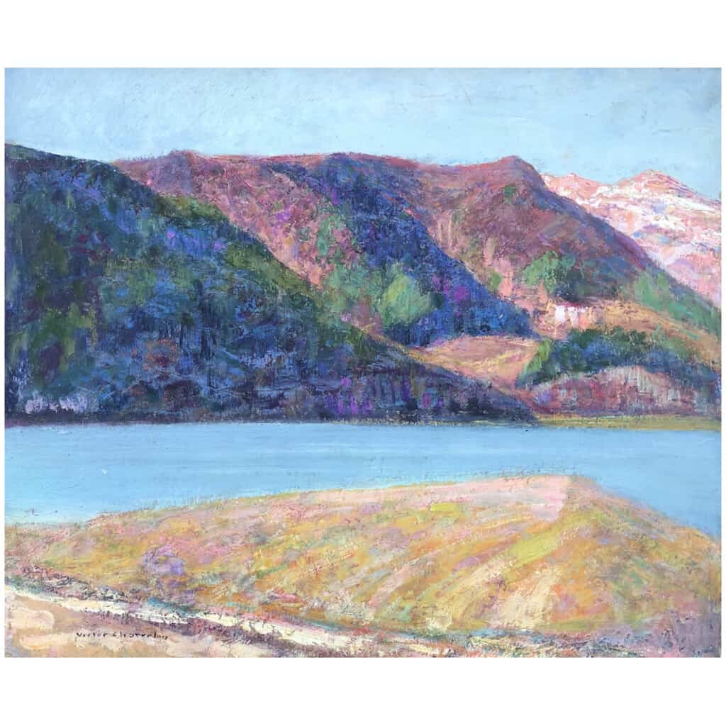 CHARRETON Victor French School 20th Century Lake Auvergne Oil Signed 9