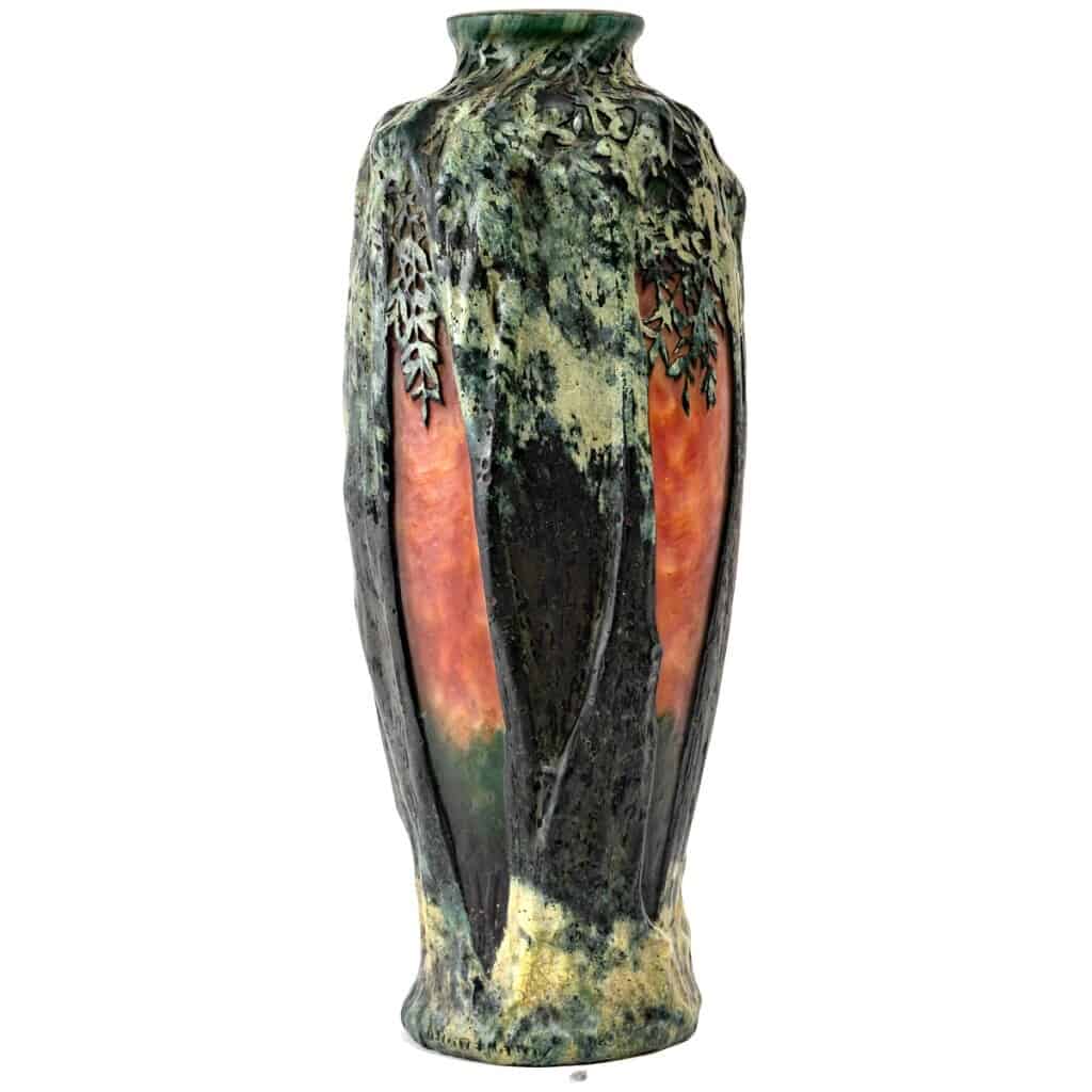 1900-1905 Daum Nancy – Vase Verre Multicouche Dégagé à l’Acide Vert Et Orange 7