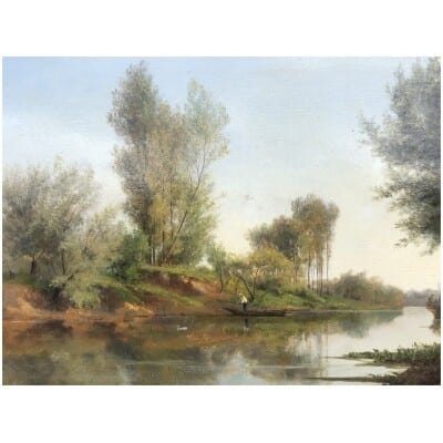 ROZIER Jules Peinture Française 19è Batelier à Colombes en 1858 huile signée