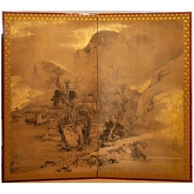 Paravent Japonais à 2 Panneaux en Sumi-e et Poudre d’Or par Yokoyama Kazan