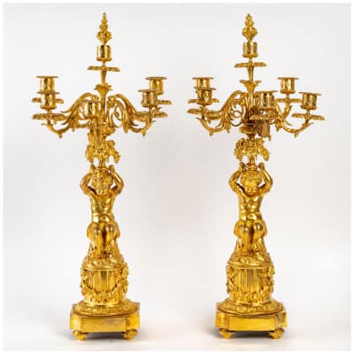 Claude Galle – Paire de candélabres aux Putti en bronze ciselé et doré fin du XVIIIème ou début du XIXème siècle
