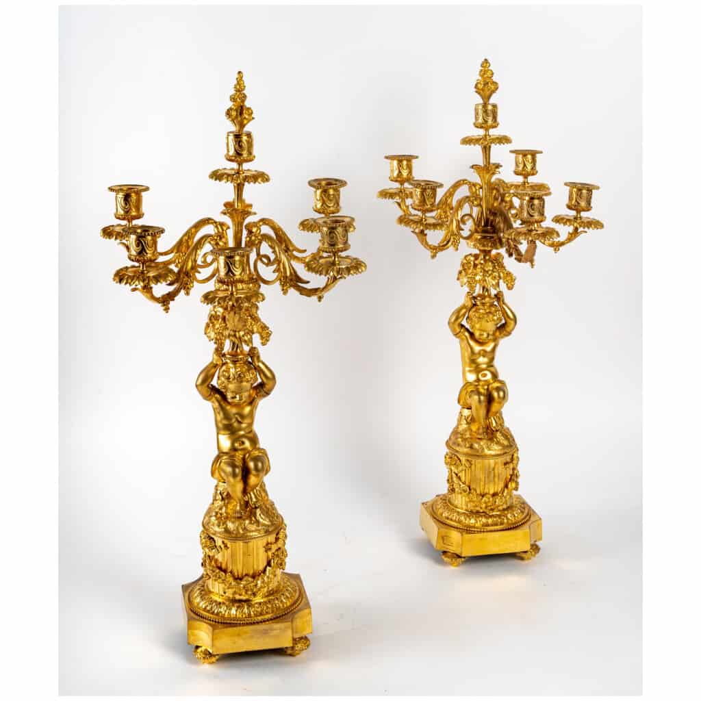 Claude Galle – Paire de candélabres aux Putti en bronze ciselé et doré fin du XVIIIème ou début du XIXème siècle 9