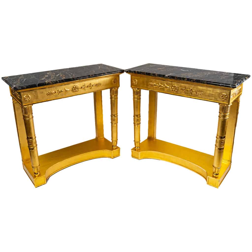 Paire d’importantes consoles en bois doré et marbre Portor d’époque Consulat 1799-1804 15