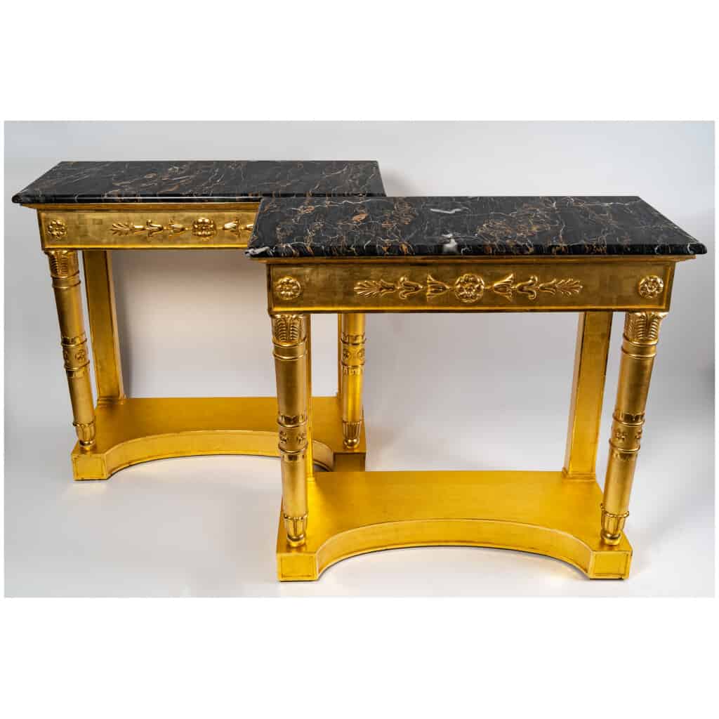 Paire d’importantes consoles en bois doré et marbre Portor d’époque Consulat 1799-1804 16
