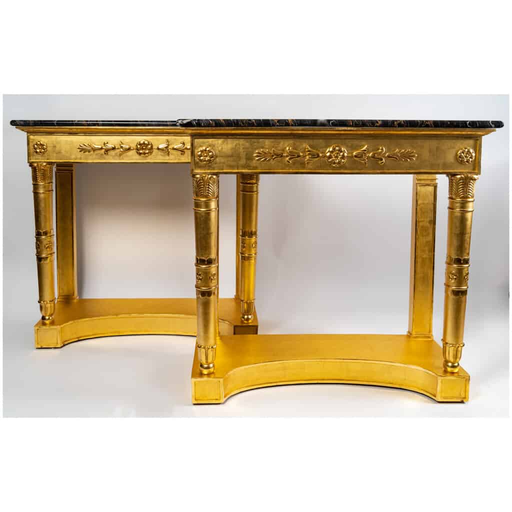 Paire d’importantes consoles en bois doré et marbre Portor d’époque Consulat 1799-1804 4
