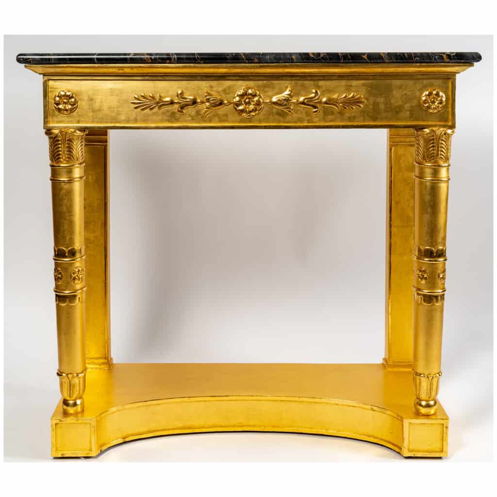 Paire d’importantes consoles en bois doré et marbre Portor d’époque Consulat 1799-1804 7