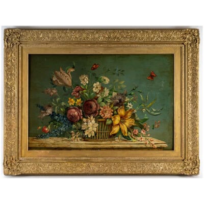 French Romantic School Bouquet of Flowers on a Stone Entablature oil on panel circa circa 1880-1890
