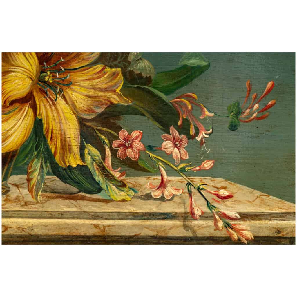 Ecole Romantique Française Bouquet de Fleurs sur un Entablement en Pierre huile sur panneau vers vers 1880-1890 9