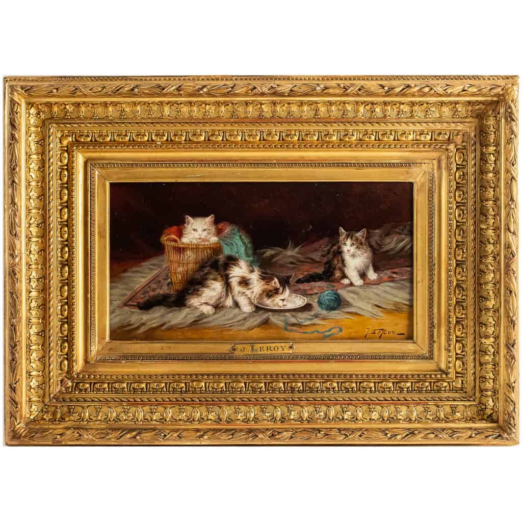 Jules Gustave Leroy Huile sur panneau, Trois chats et la Pelote de Laine vers 1890-1900 3