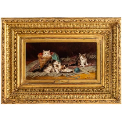 Jules Gustave Leroy Huile sur panneau, Trois chats et la Pelote de Laine vers 1890-1900