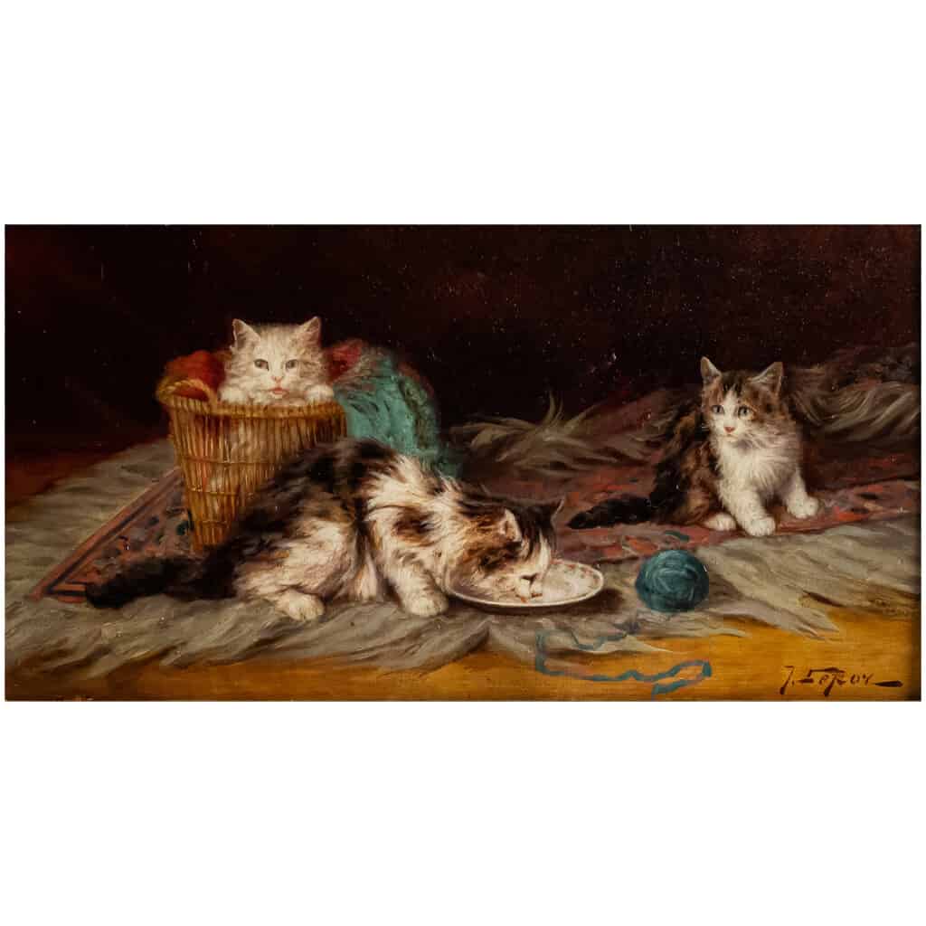 Jules Gustave Leroy Huile sur panneau, Trois chats et la Pelote de Laine vers 1890-1900 4
