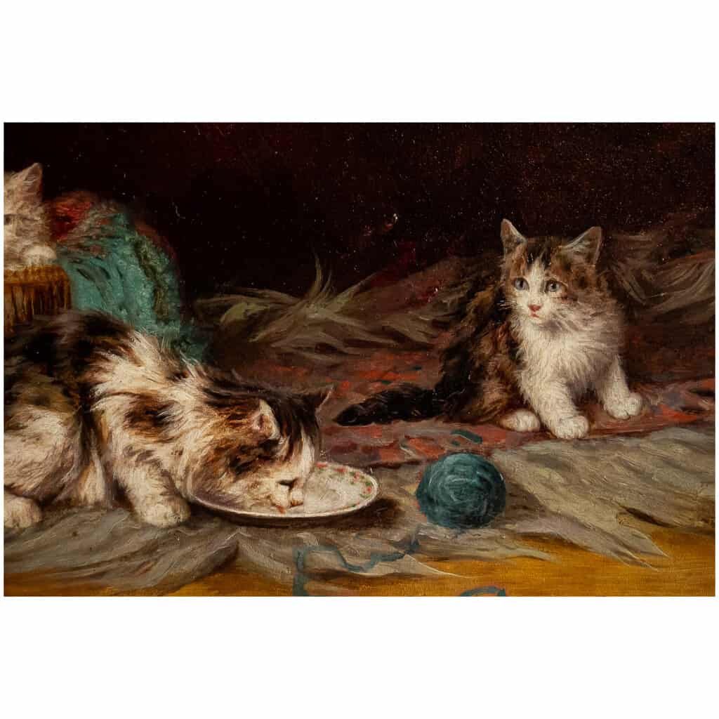 Jules Gustave Leroy Huile sur panneau, Trois chats et la Pelote de Laine vers 1890-1900 7