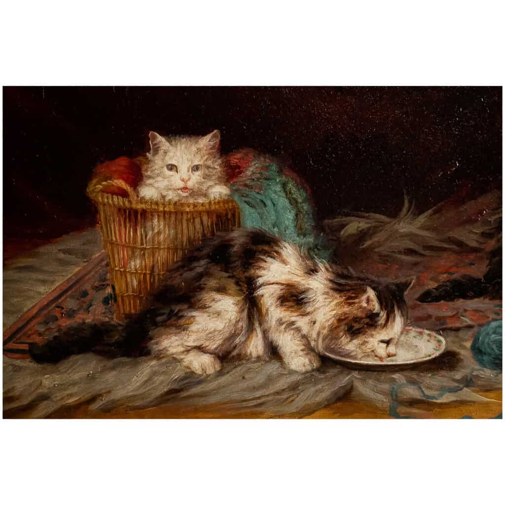 Jules Gustave Leroy Huile sur panneau, Trois chats et la Pelote de Laine vers 1890-1900 5