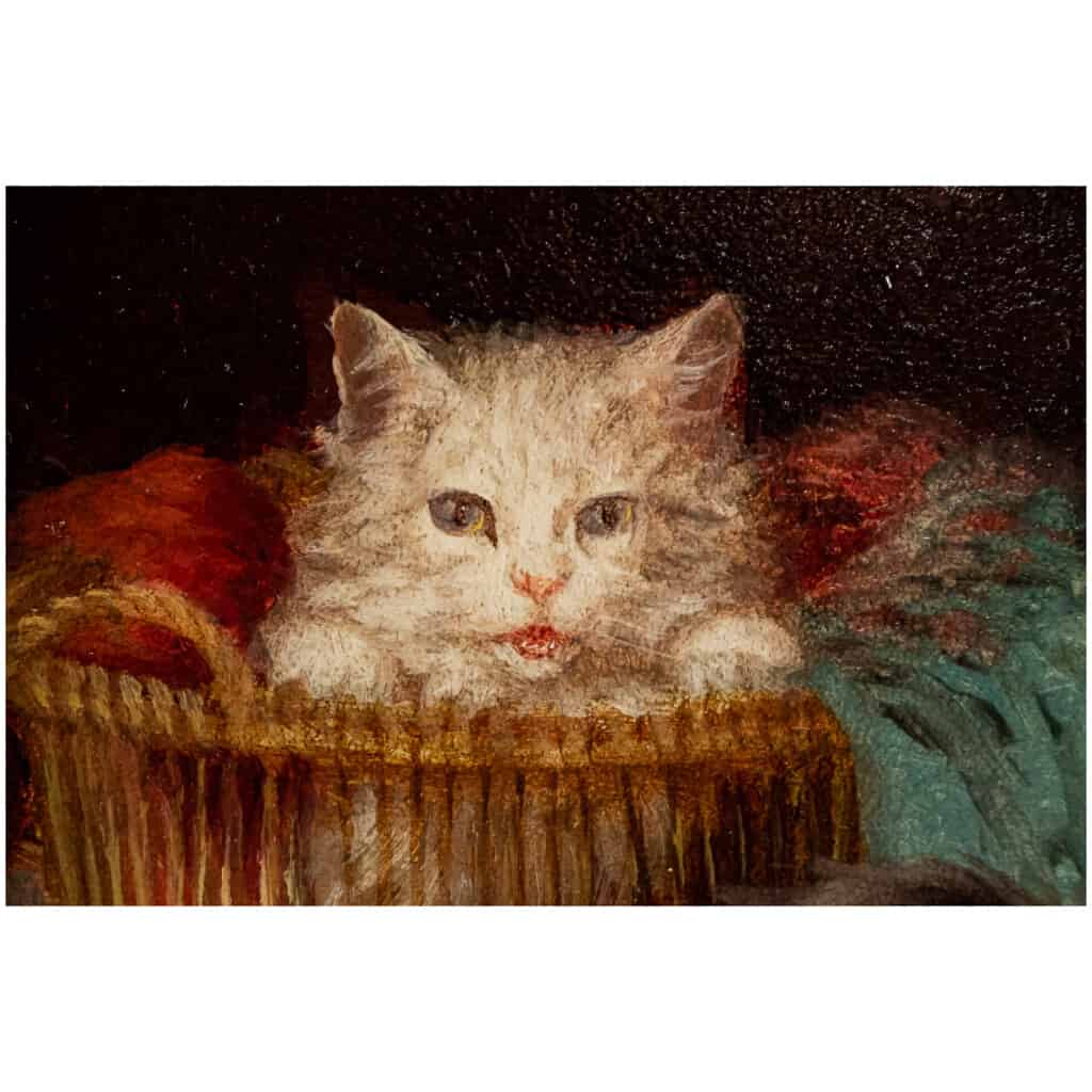 Jules Gustave Leroy Huile sur panneau, Trois chats et la Pelote de Laine vers 1890-1900 6