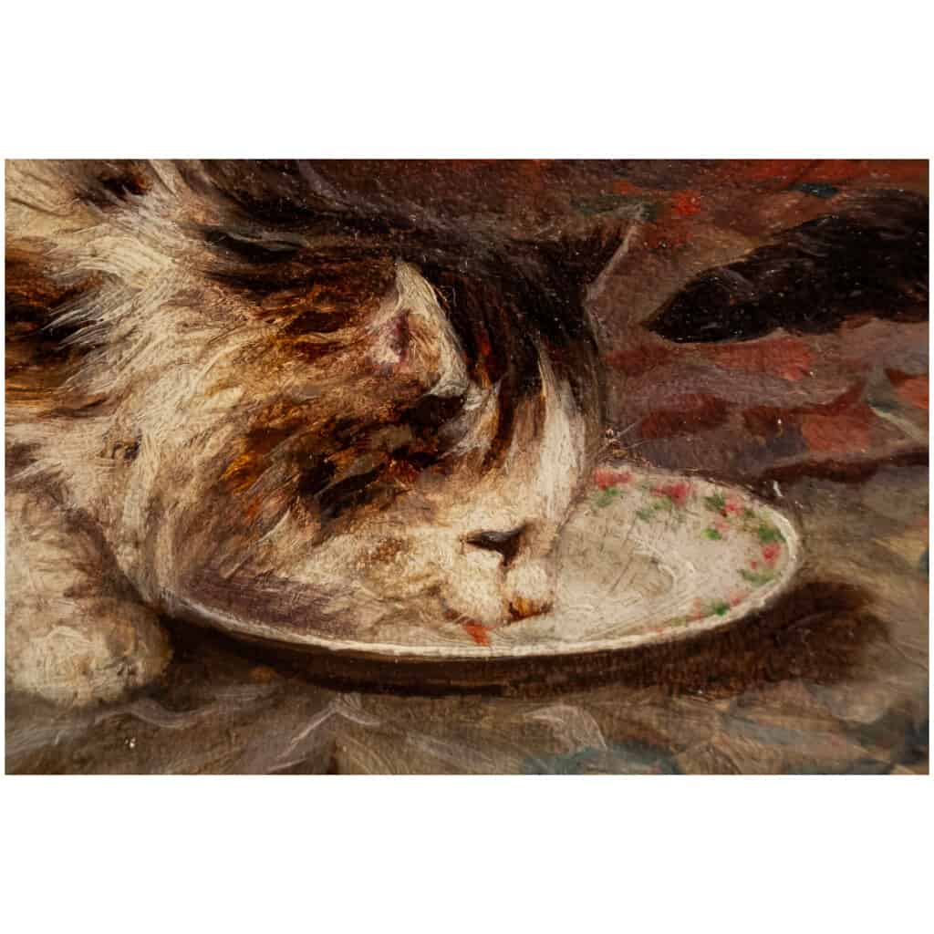 Jules Gustave Leroy Huile sur panneau, Trois chats et la Pelote de Laine vers 1890-1900 9