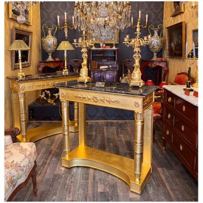 Paire d’importantes consoles en bois doré et marbre Portor d’époque Consulat 1799-1804