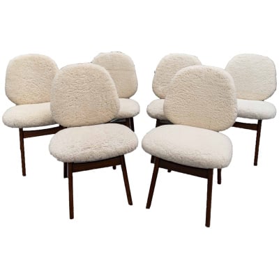 Set of 6 Danish teak chairs covered with bouclé sheepskin fabric.