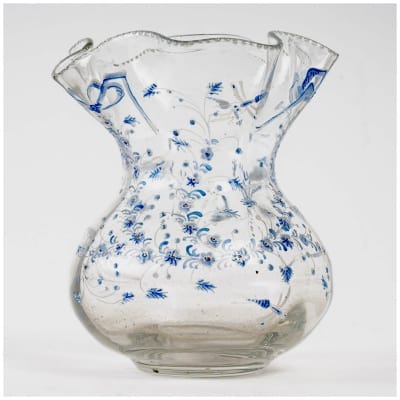 Emile Gallé – Vase Corolle Cristallerie Verre Blanc Emaillé Bleu