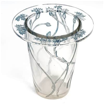 1913 René Lalique – Vase Bordure Bluets Verre Blanc Patiné Bleu