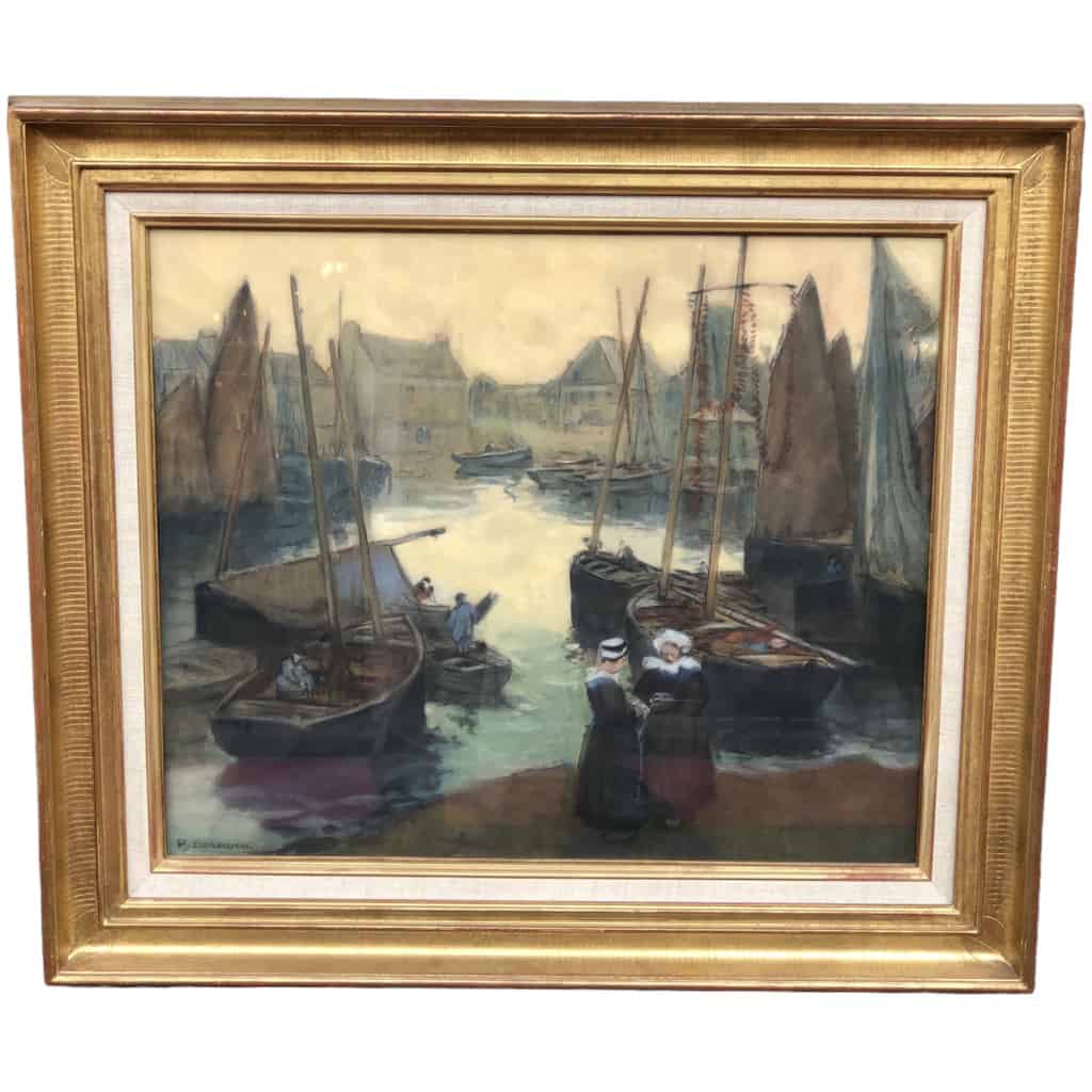 Barnoin Henri Old Painting Early 20th Brittany Return From Fishing To Concarneau Pastel Signed 8