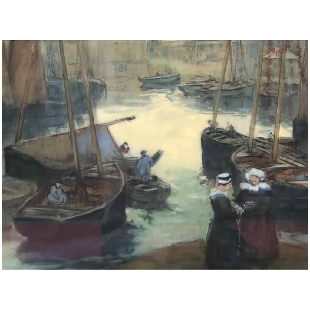 Barnoin Henri Old Painting Early 20th Brittany Return From Fishing To Concarneau Pastel Signed 7