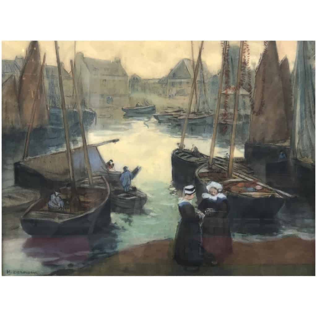 Barnoin Henri Old Painting Early 20th Brittany Return From Fishing To Concarneau Pastel Signed 6