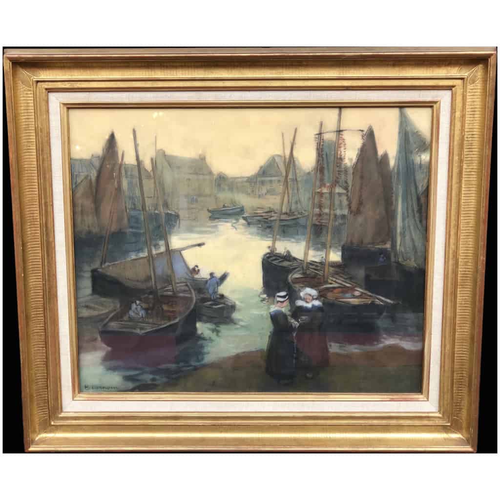 Barnoin Henri Old Painting Early 20th Brittany Return From Fishing To Concarneau Pastel Signed 3