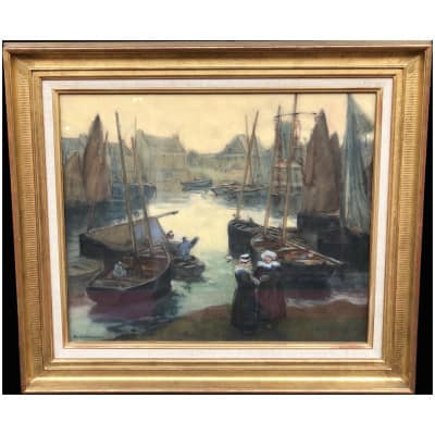 Barnoin Henri Old Painting Early 20th Brittany Return From Fishing To Concarneau Pastel Signed