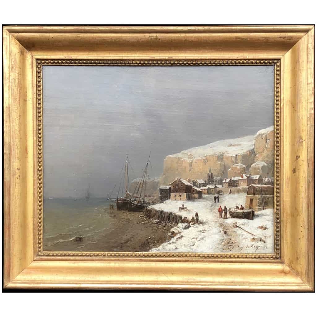 De Bergue Tony François French School 19th Snowy Normandy Coast Oil Signed 4