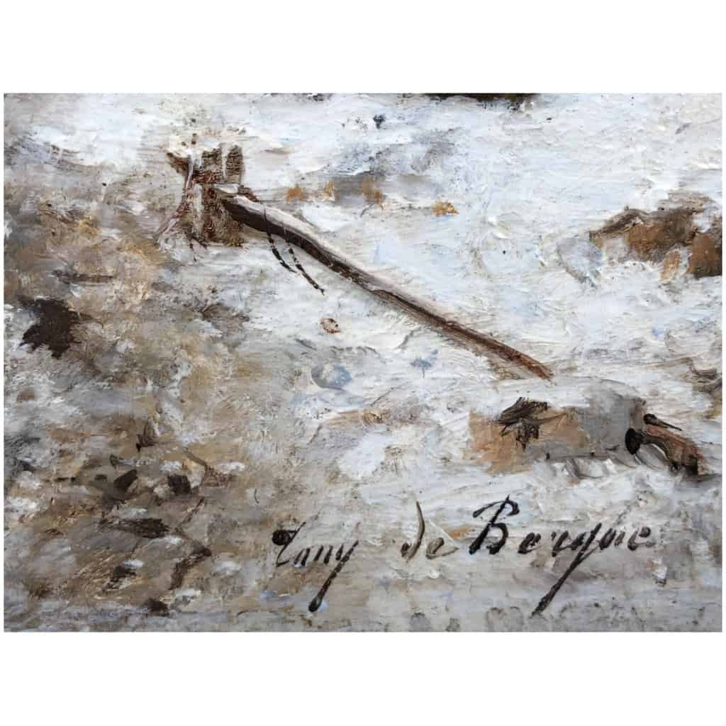 De Bergue Tony François French School 19th Snowy Normandy Coast Oil Signed 5