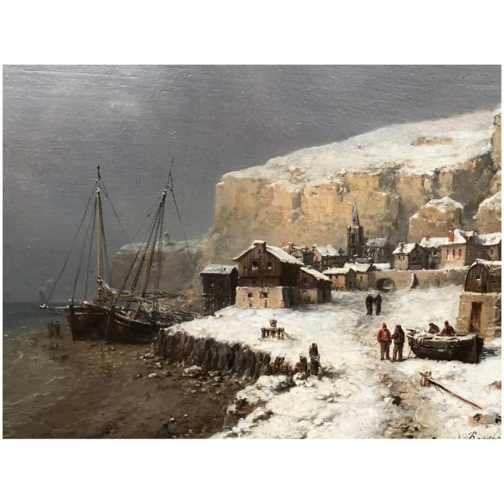 De Bergue Tony François French School 19th Snowy Normandy Coast Oil Signed 6