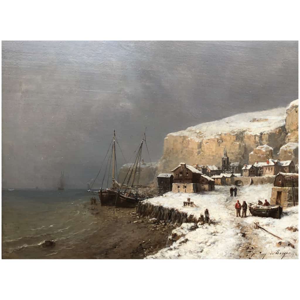 De Bergue Tony François French School 19th Snowy Normandy Coast Oil Signed 7