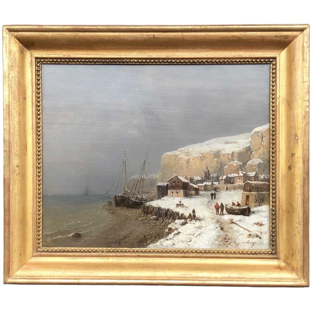 De Bergue Tony François French School 19th Snowy Normandy Coast Oil Signed 3