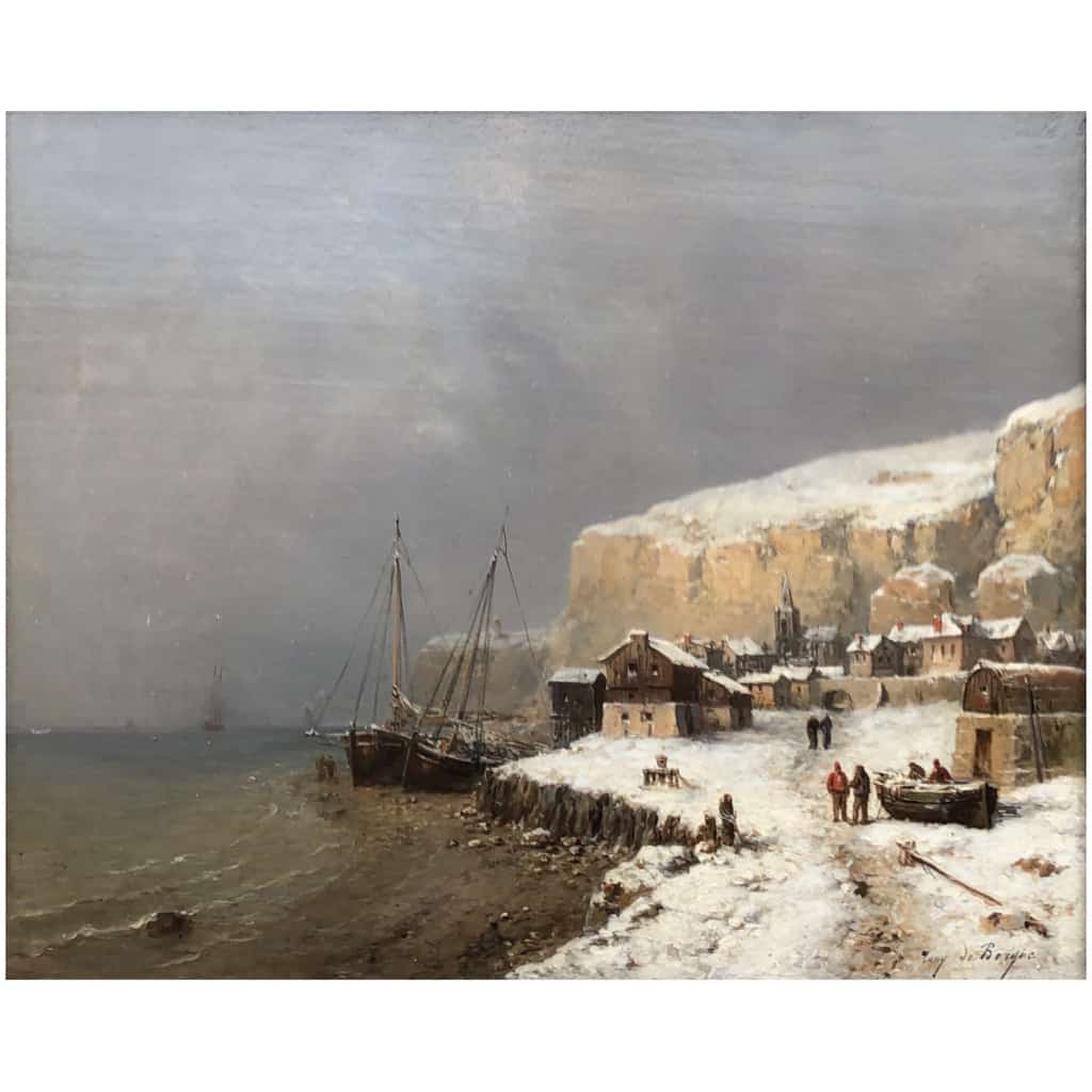 De Bergue Tony François French School 19th Snowy Normandy Coast Oil Signed 9