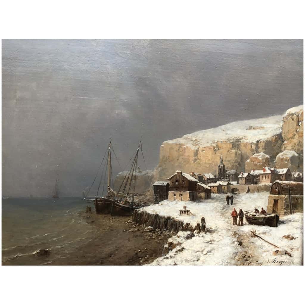 De Bergue Tony François French School 19th Snowy Normandy Coast Oil Signed 10