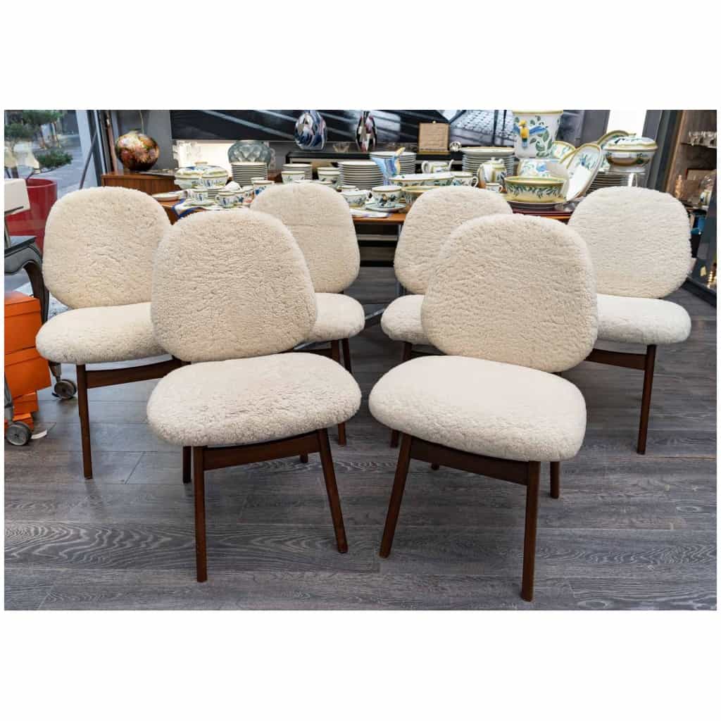 Set of 6 Danish teak chairs covered with bouclé sheepskin fabric. 4