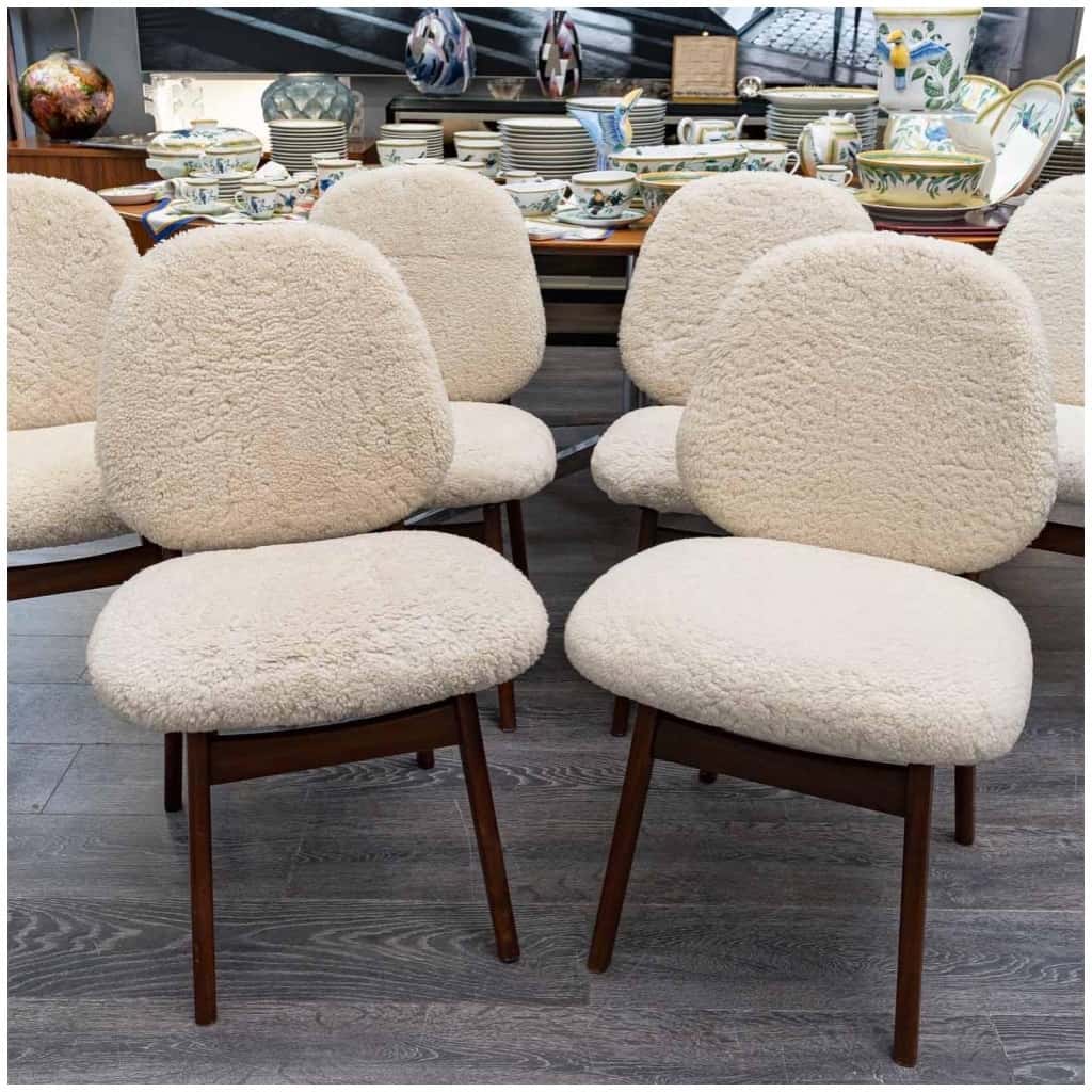 Set of 6 Danish teak chairs covered with bouclé sheepskin fabric. 5