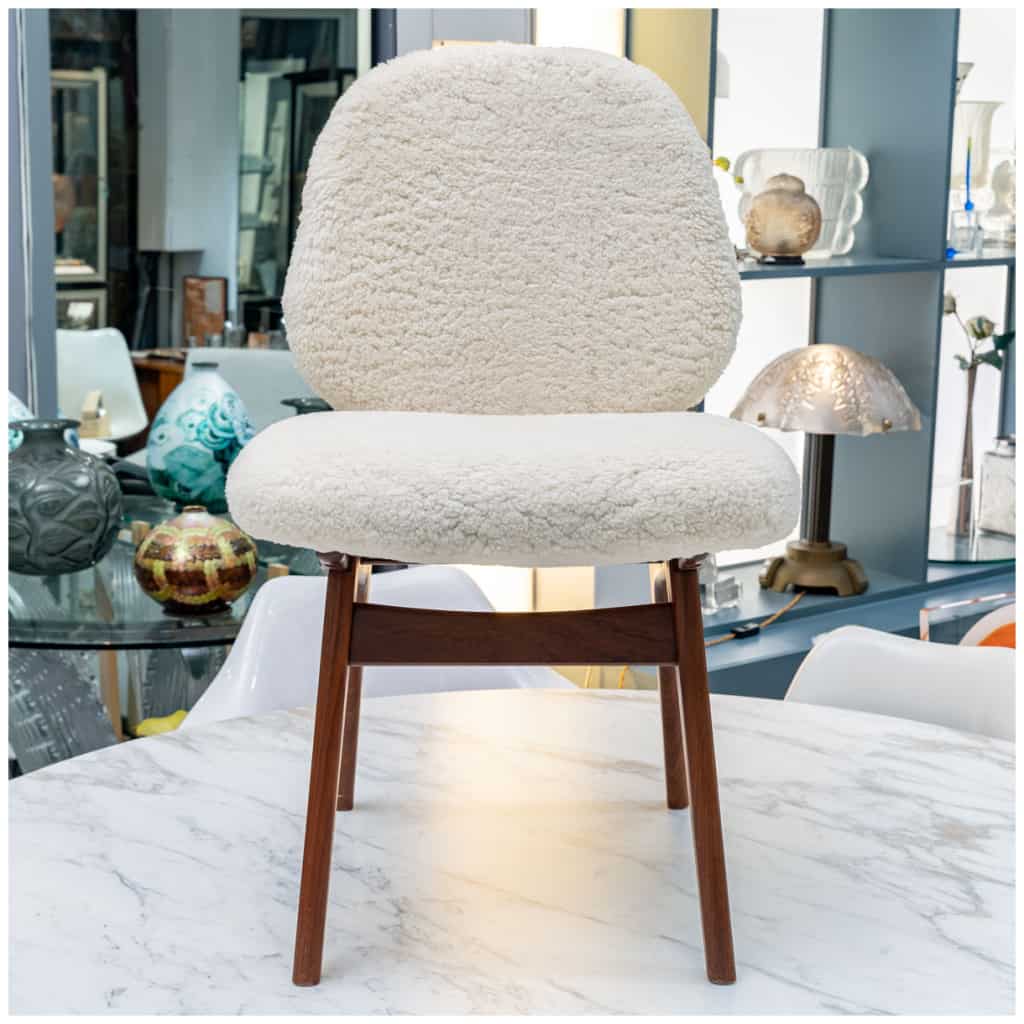 Set of 6 Danish teak chairs covered with bouclé sheepskin fabric. 6