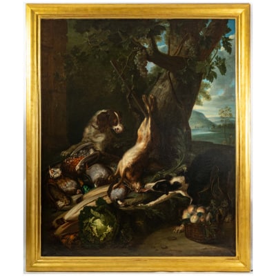 Lucien Przepiorski (1830-1898) Deux chiens, gibiers, legumes et fruits importante huile sur toile vers 1889