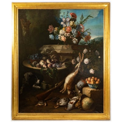 Lucien Przepiorski (1830-1898) Chien, gibiers, fruits et fleurs sur une fontaine, importante huile sur toile vers 1889