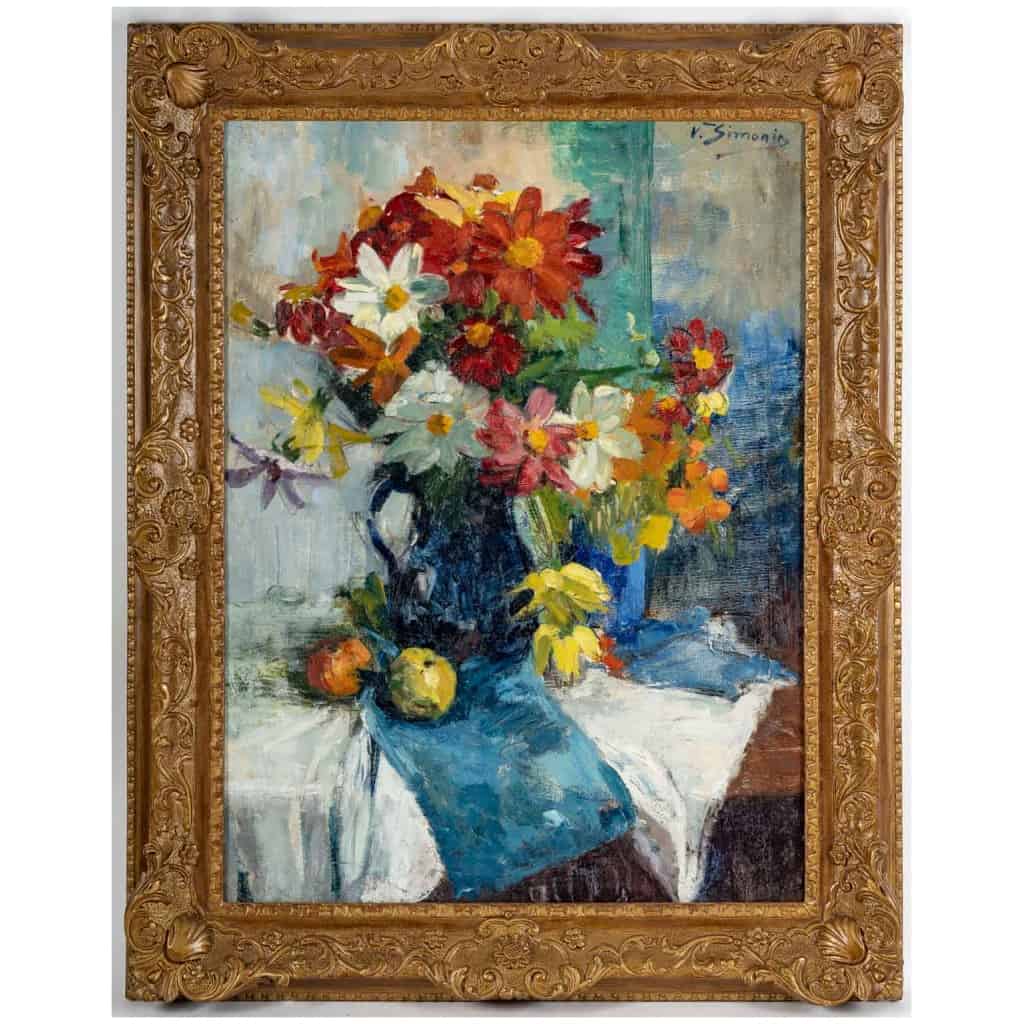 Bouquet De Fleurs et de fruits sur un entablement. Victor Simonin (1877-1946). 3
