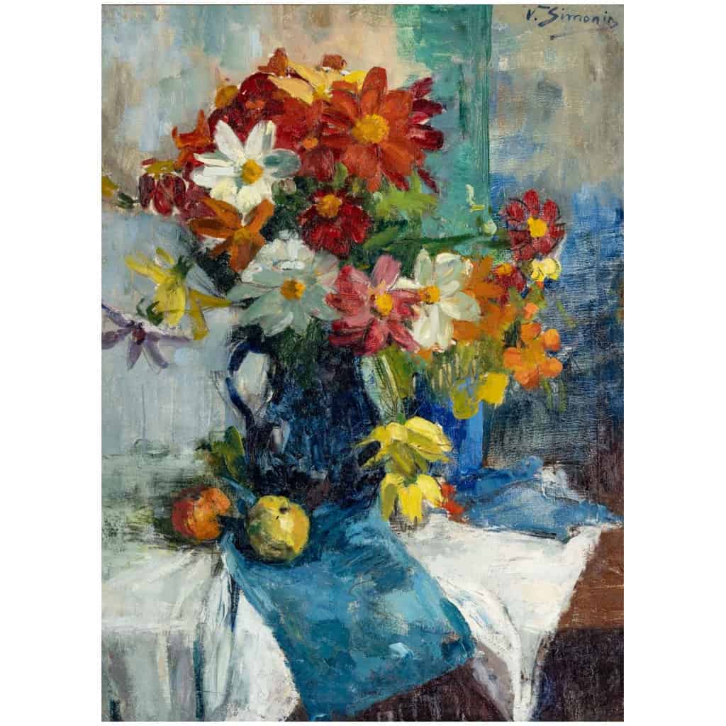Bouquet De Fleurs et de fruits sur un entablement. Victor Simonin (1877-1946). 4