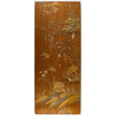 Large Lacquered Japanese Panel Decorated with Cranes and Wisteria