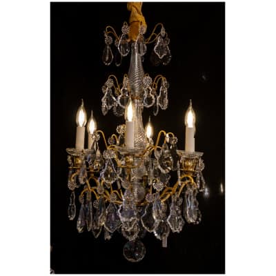 Petit lustre tige de style Louis XVI en bronze et cristal taillé vers 1880-1890