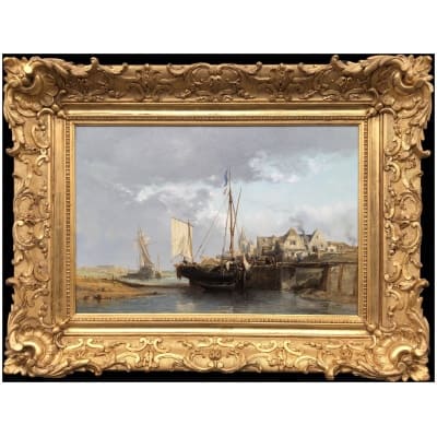 NOEL Jules Tableau Français 19è l’avant port Huile Sur carton fort Signée