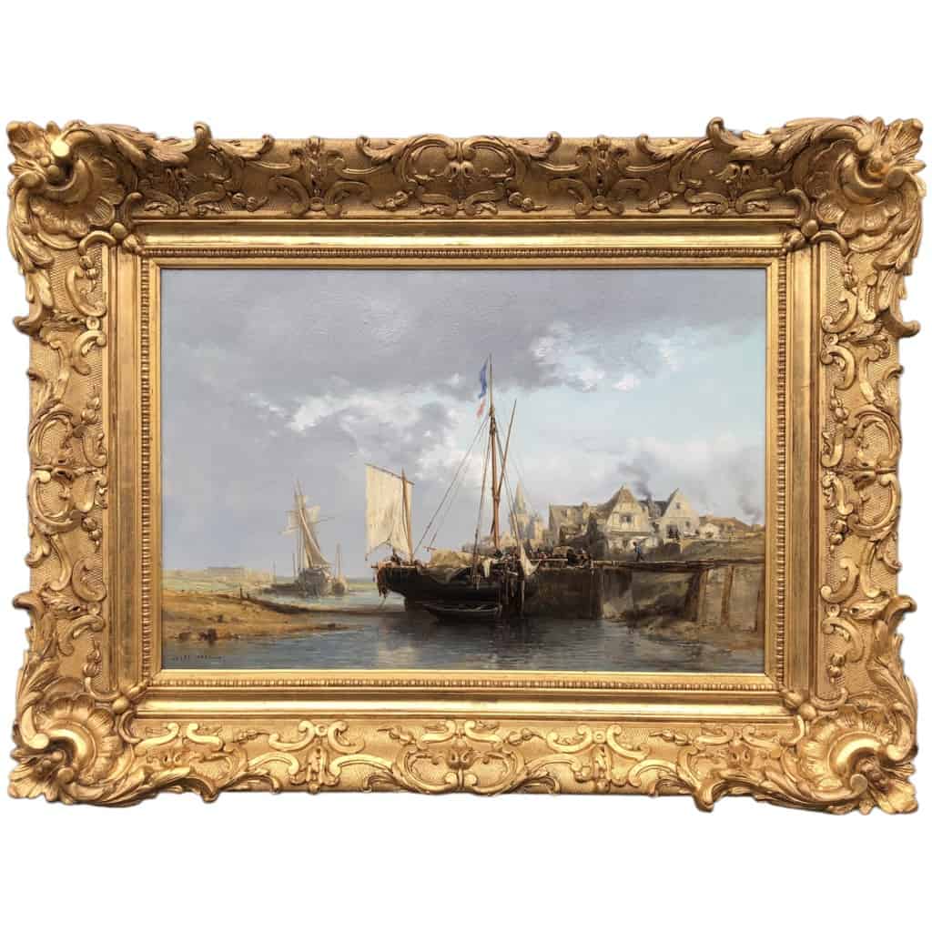 NOEL Jules Tableau Français 19è l’avant port Huile Sur carton fort Signée 12