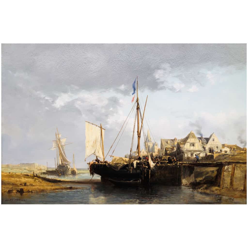 NOEL Jules Tableau Français 19è l’avant port Huile Sur carton fort Signée 13