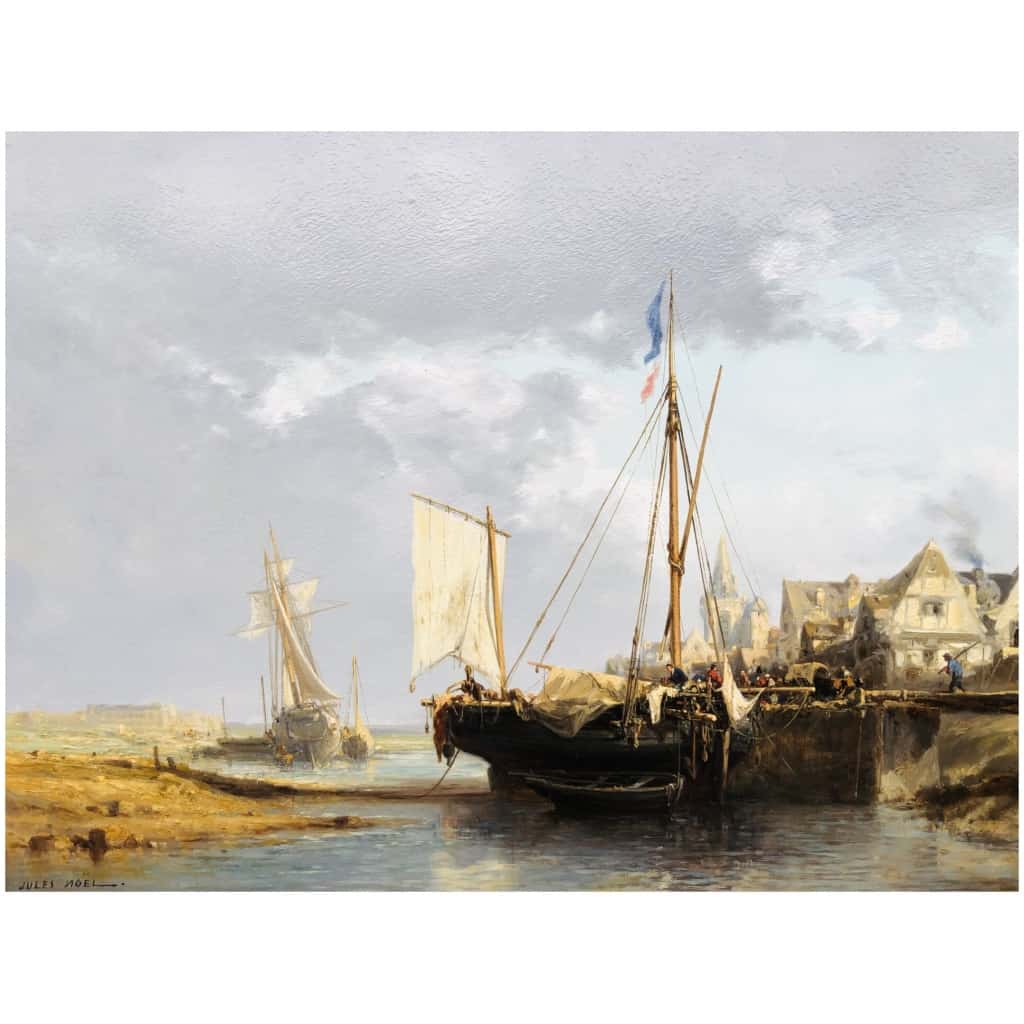 NOEL Jules Tableau Français 19è l’avant port Huile Sur carton fort Signée 14