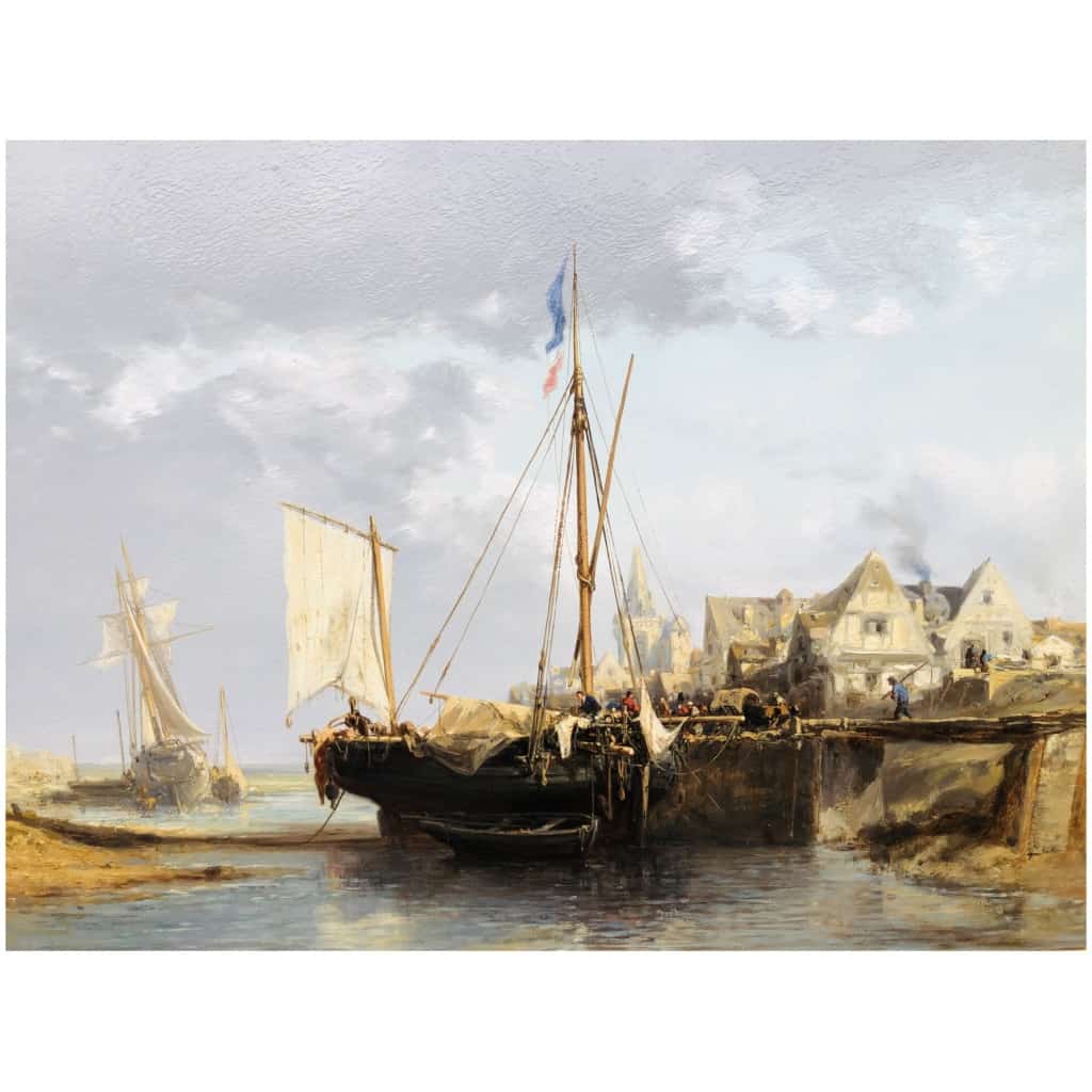 NOEL Jules Tableau Français 19è l’avant port Huile Sur carton fort Signée 10