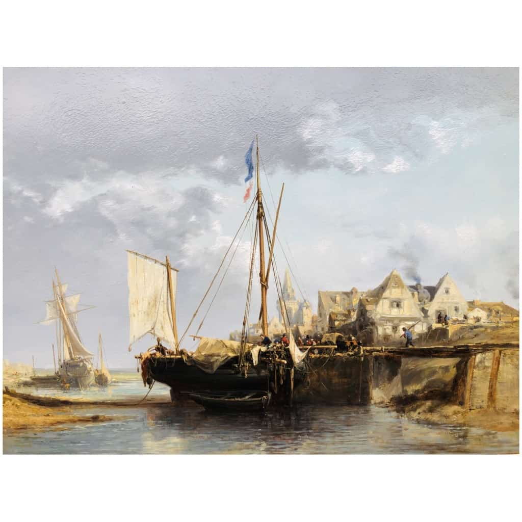 NOEL Jules Tableau Français 19è l’avant port Huile Sur carton fort Signée 9